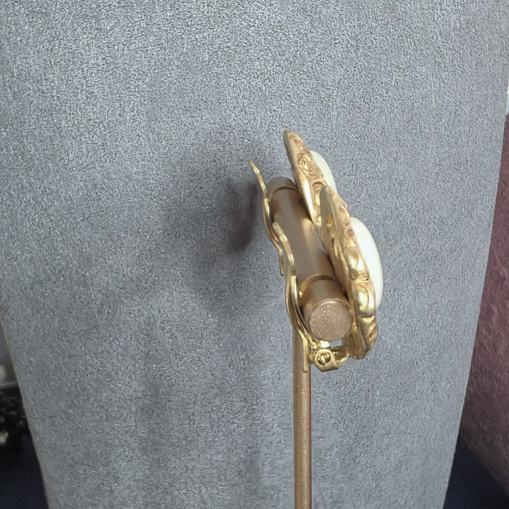 Vintage Givenchy Clip-On Earrings Gold Tone White Cabochon 770 - Picture 4 of 11